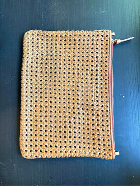 Clare V. Flat Clutch w/ Tabs. Woven Cosmetic Pouch Brown & Red